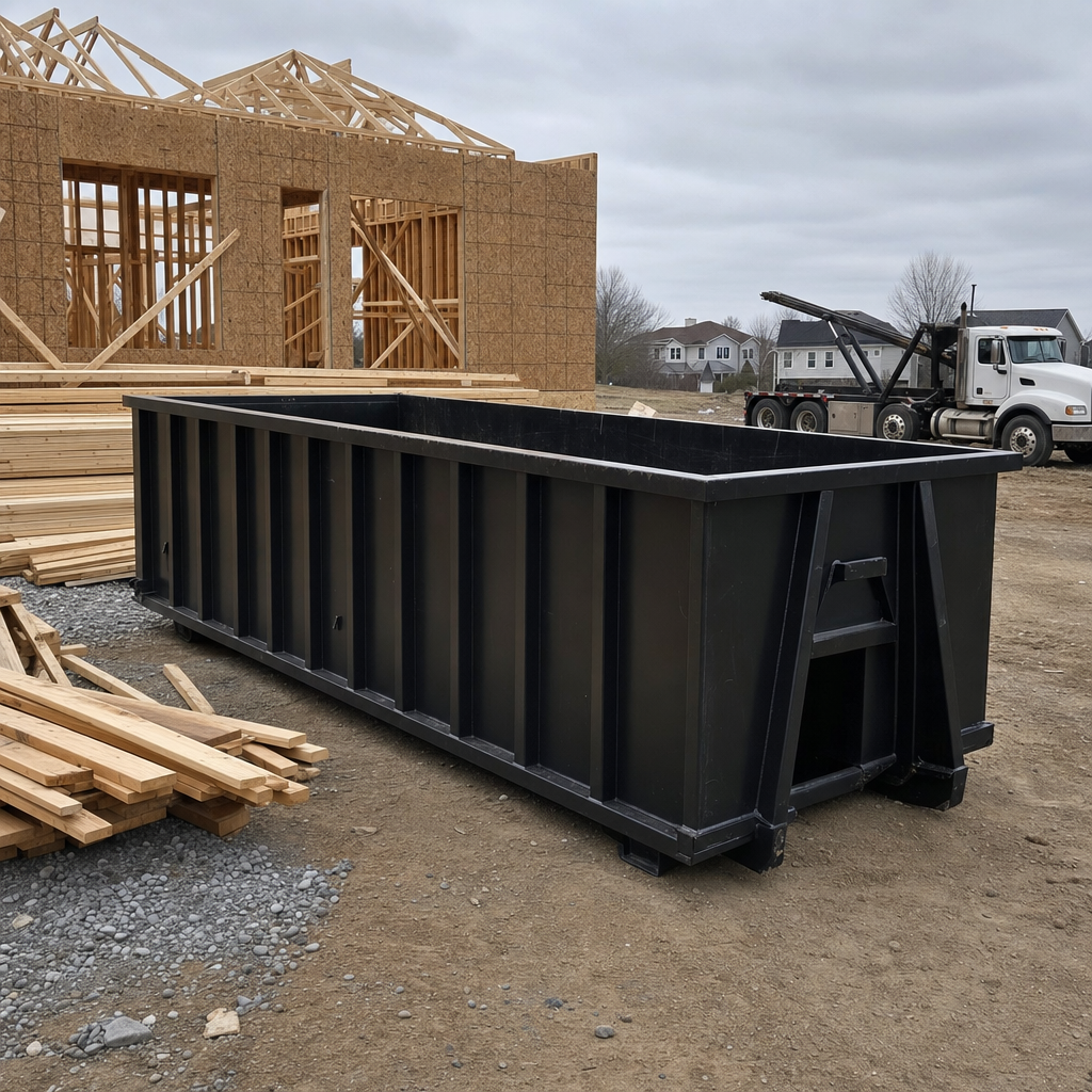 Matte-black 40-yard roll-off dumpster staged on a framed-out residential construction site in Auburn, framing lumber stacked nearby, hooklift delivery truck visible in the background under bright Colorado daylight