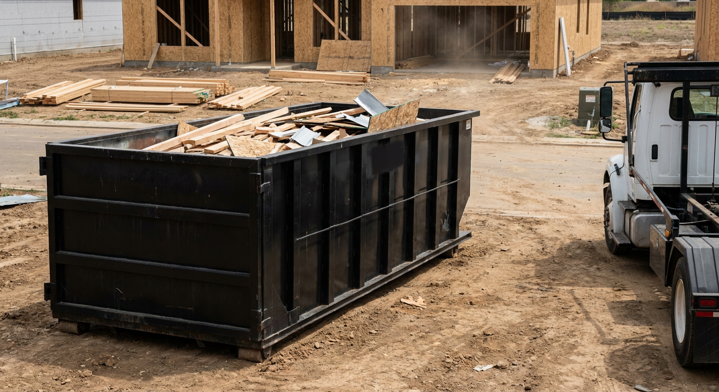 Matte-black 20-yard roll-off construction dumpster with heavy ribbed steel sidewalls and swing rear doors at a working jobsite in Auburn, sitting directly on compacted dirt with an unmarked white hauler partially visible at the far edge of the frame.