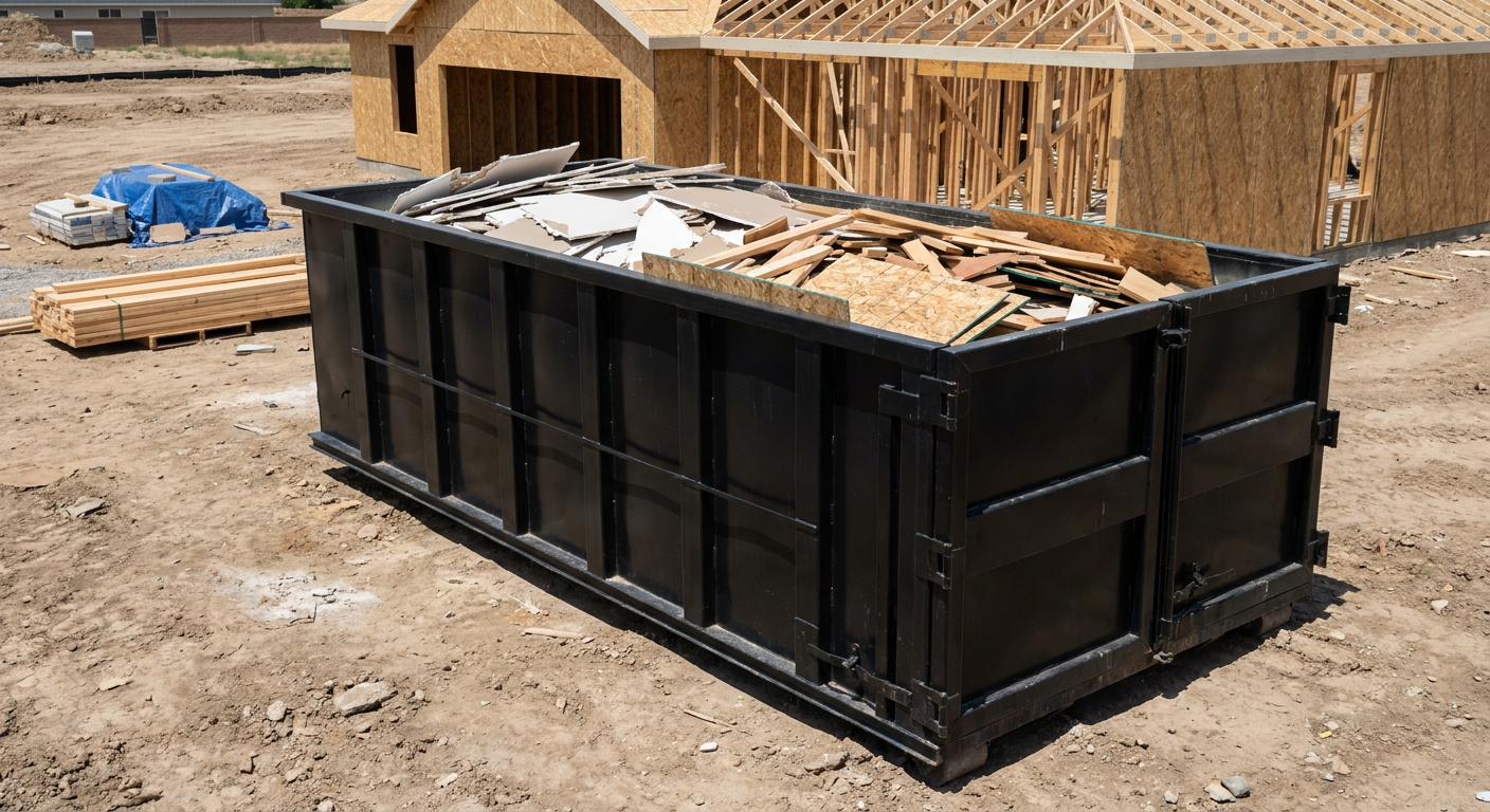 Matte-black 30-yard roll-off construction dumpster sitting directly on the compacted-dirt site of a framed single-family home build in Auburn, drywall and lumber scrap loaded inside.