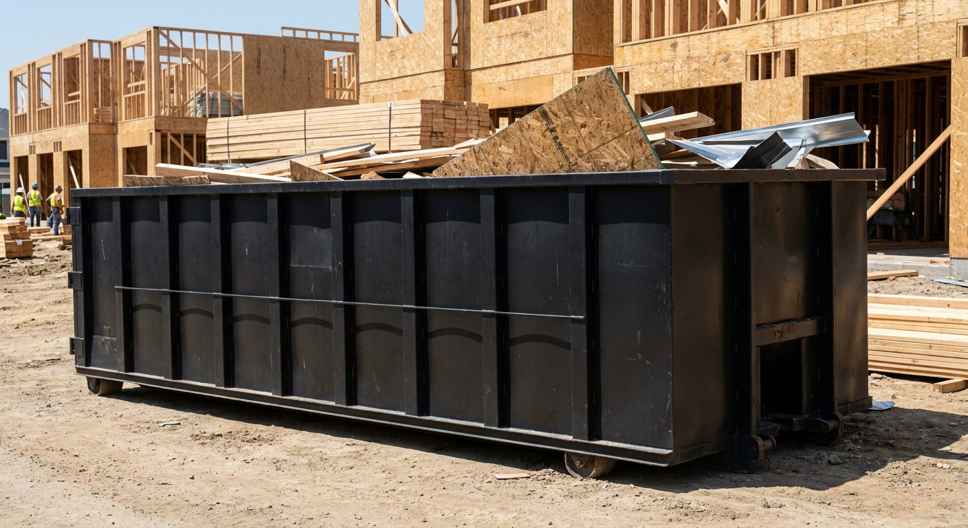 Matte-black 40-yard roll-off construction dumpster being lowered from a white-cab hooklift delivery truck onto the compacted-dirt jobsite at a commercial build site in Auburn