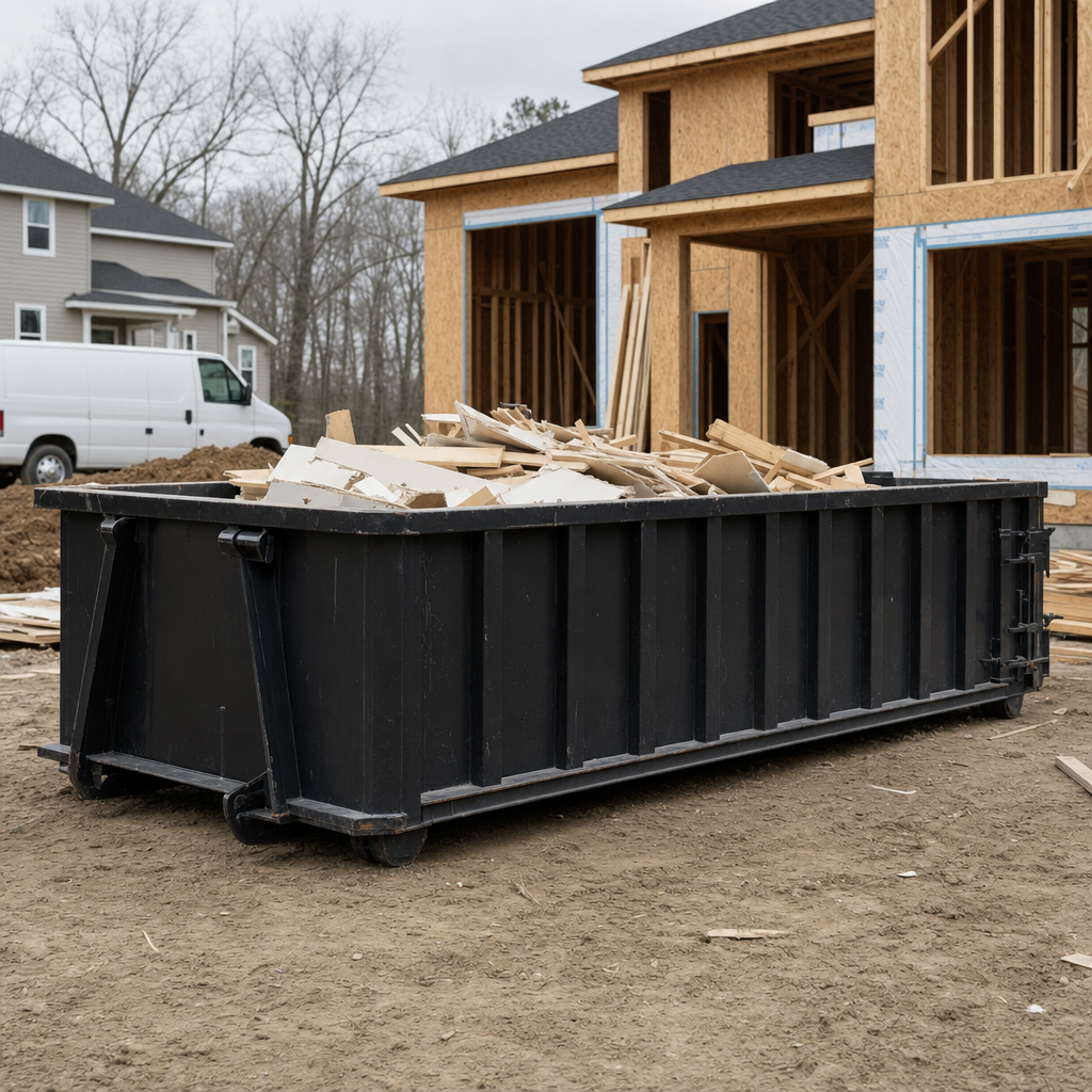 Worker in a yellow high-visibility vest tossing framing lumber and broken drywall into a matte-black 30-yard construction roll-off dumpster on an active build site in Auburn, bright daylight