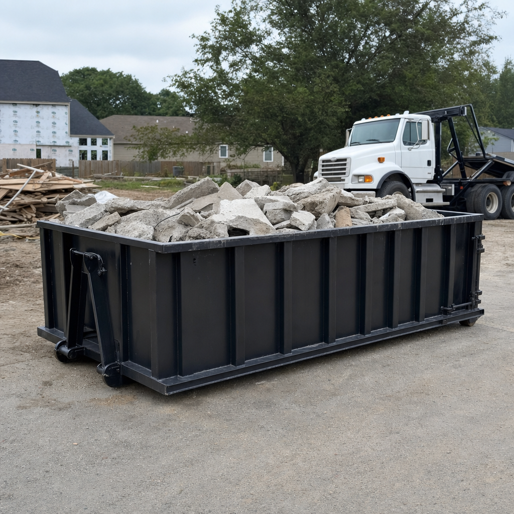 Low-profile matte-black lowboy roll-off dumpster loaded with broken concrete slab and rebar at a foundation tear-out in Auburn, skid steer parked beside it, sunny Colorado morning