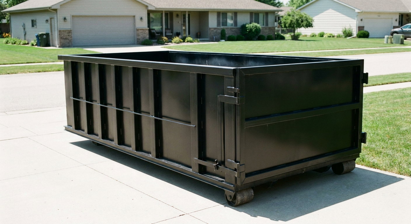 Matte-black 10-yard roll-off dumpster on a residential concrete driveway in Auburn, uniformly painted matte black across every panel and rail, ribbed steel sidewalls and rear swing door visible, mid-day daylight.