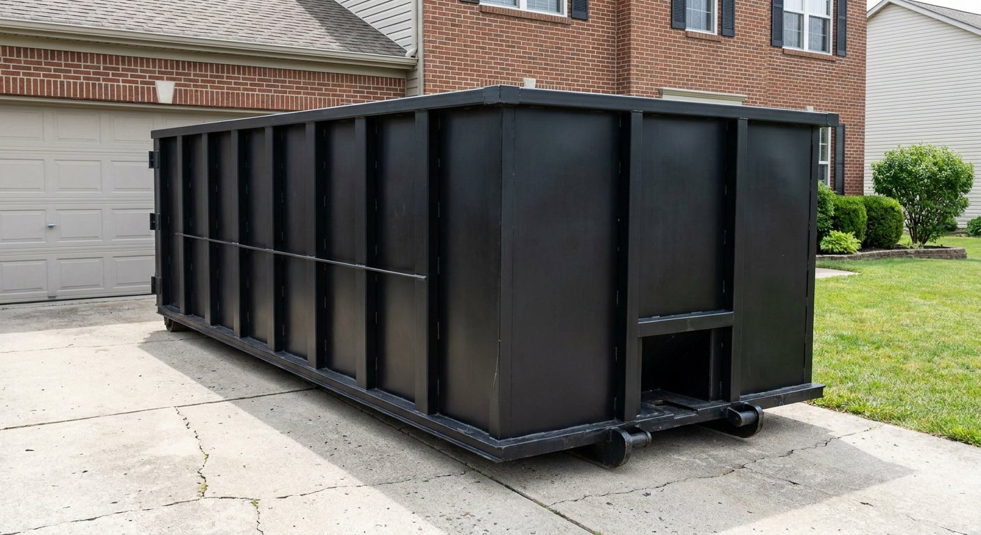 Matte-black 20-yard roll-off container on a Auburn residential concrete driveway with reinforced ribbed steel sidewalls and a hinged rear walk-in door, clean bright daylight.