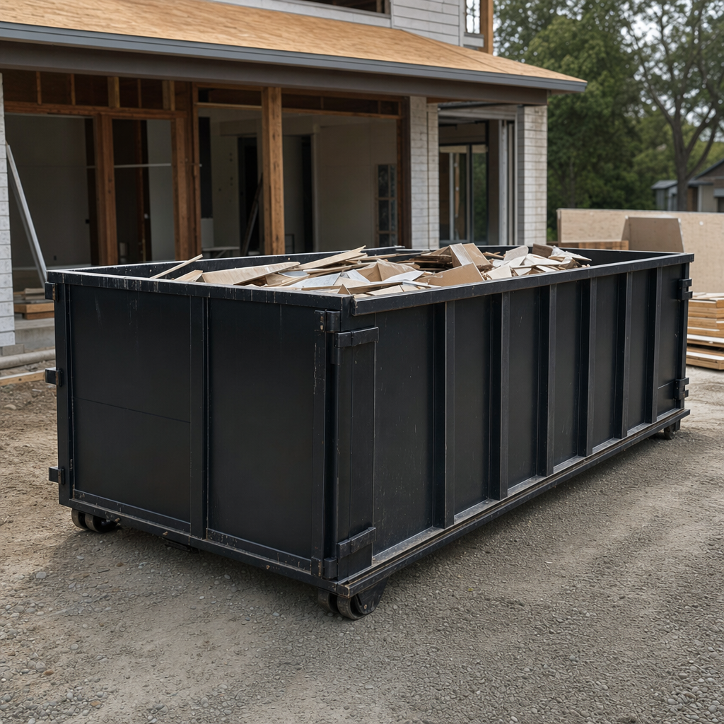 Large matte-black 30-yard construction roll-off dumpster at an active Auburn jobsite, steel-gray top rails and bottom rollers visible, loaded with construction debris.