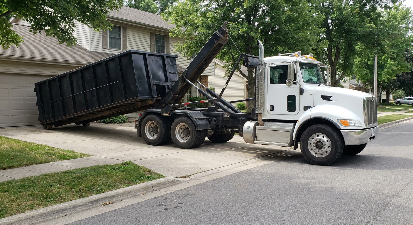 White-cab hooklift roll-off truck actively lowering a matte-black dumpster onto a Auburn residential concrete driveway, the dumpster's rear wheels touching the driveway as the hoist arm tilts the bed forward, mid-morning daylight.