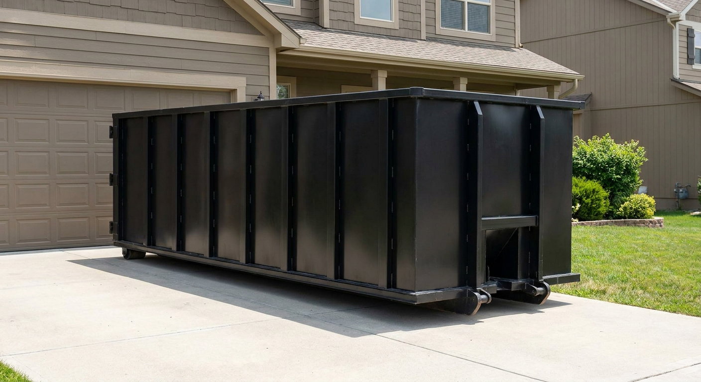 Matte-black residential roll-off dumpster sitting directly on a suburban Auburn concrete driveway, garage door closed, single-family home in background, bright morning daylight.