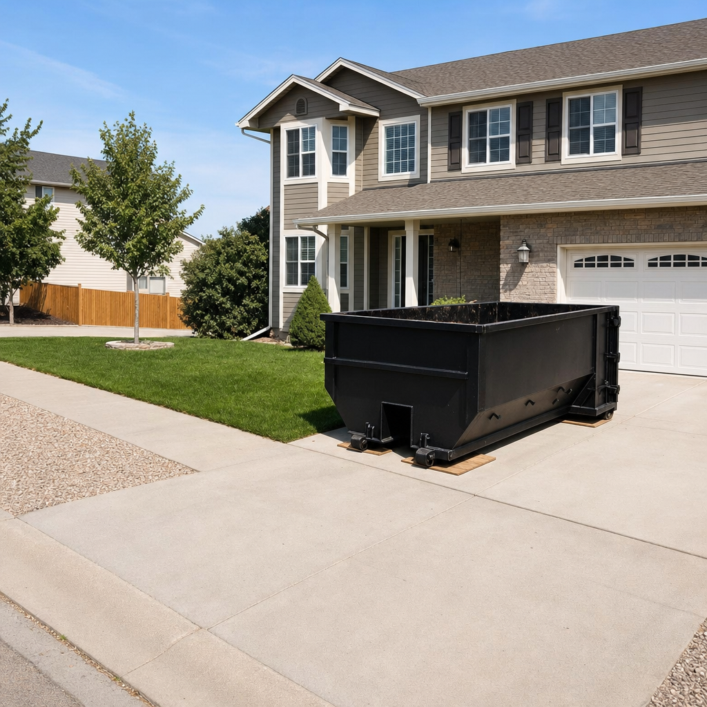 10-yard matte-black residential dumpster placed directly on a narrow Auburn concrete driveway, room remains for a parked sedan beside it, mid-morning natural light