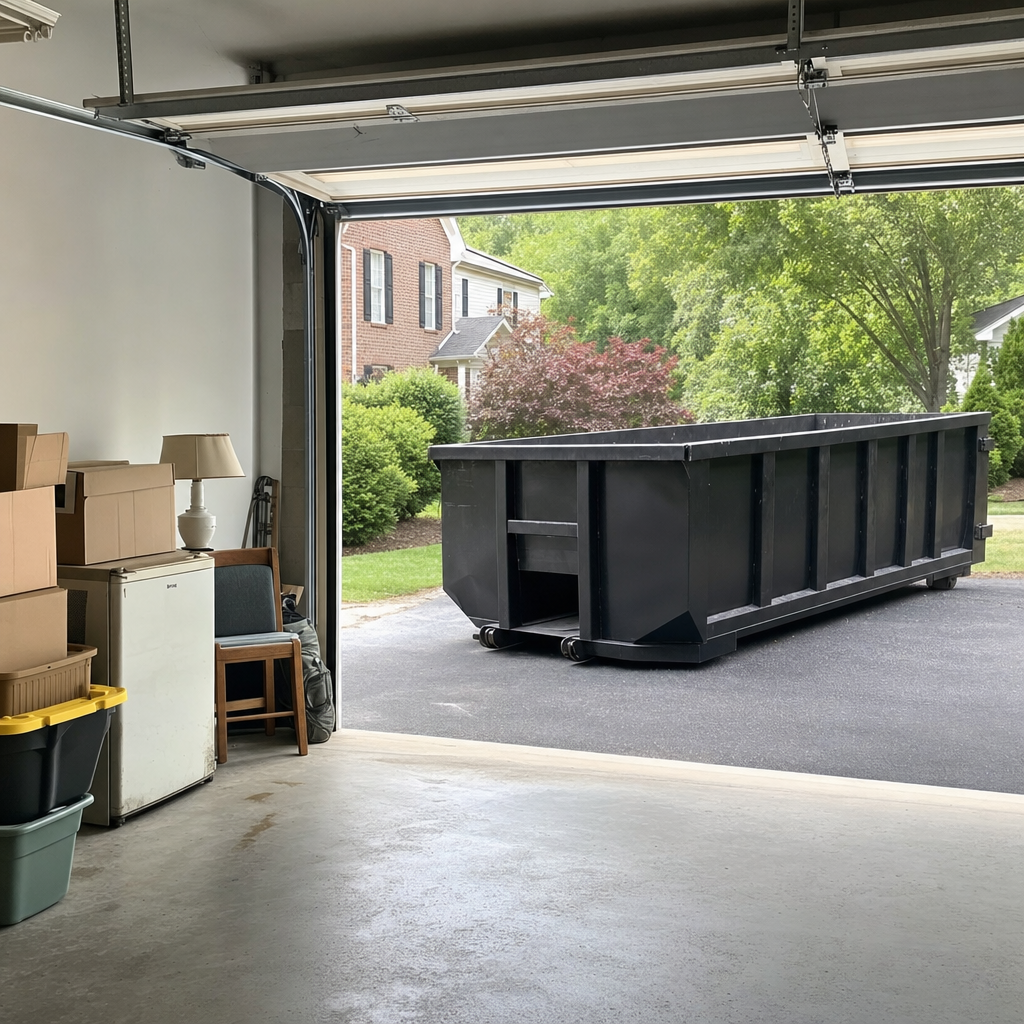 Open garage interior in a Auburn home mid-cleanout — boxed items, an old appliance, and stacked yard tools queued near the driveway for a matte-black roll-off dumpster, organized and calm