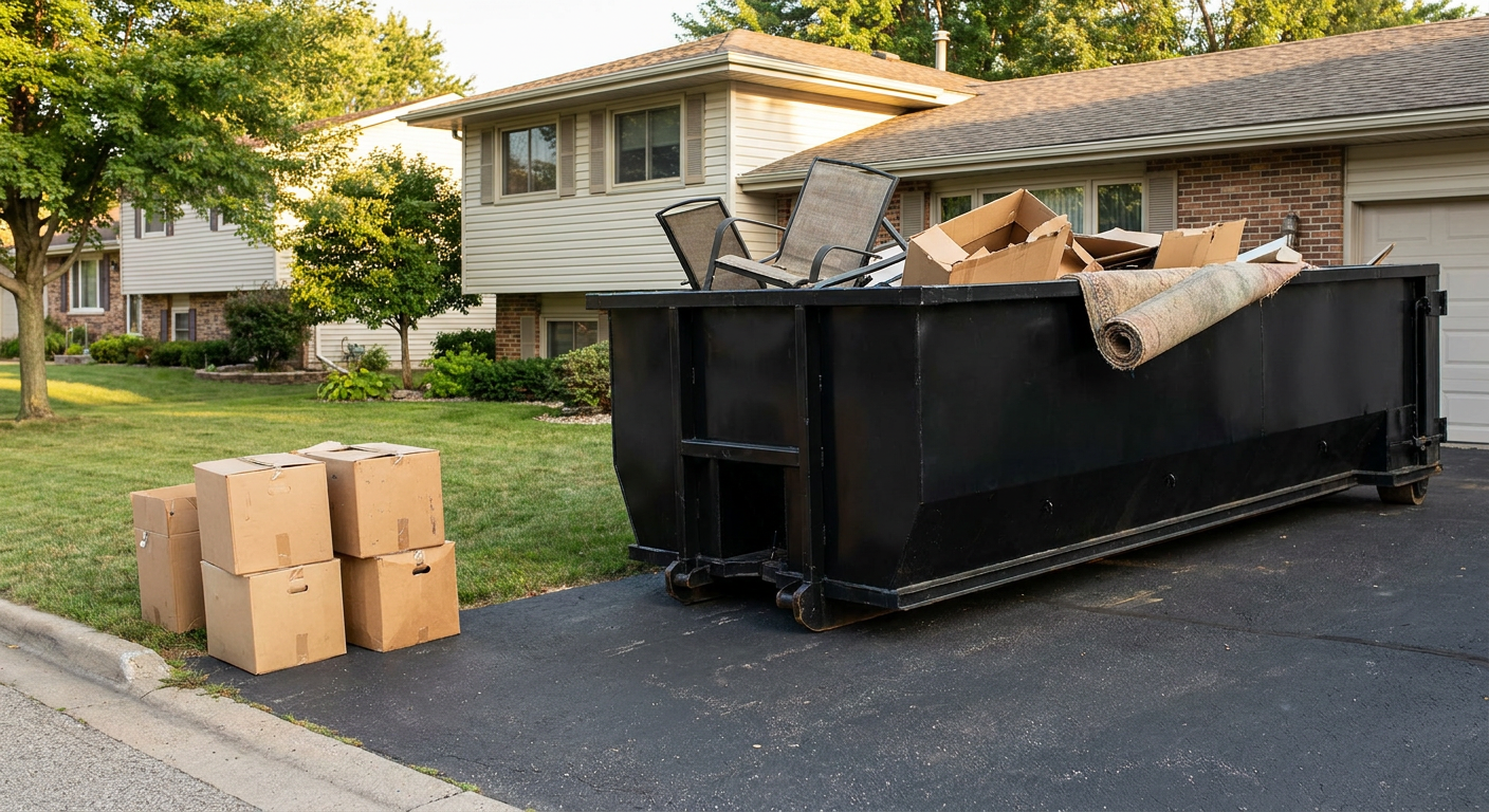 Front-yard view of a Auburn split-level home with a 20-yard matte-black roll-off dumpster sitting directly on the asphalt driveway, a few clearly labeled donation boxes staged at the curb, calm sunny afternoon.