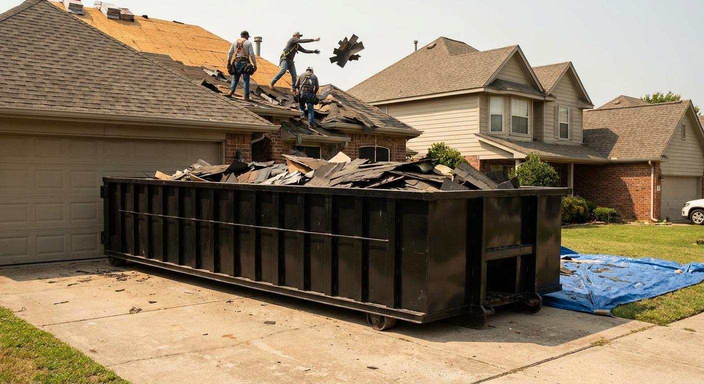 Matte-black roofing roll-off dumpster placed directly on a Auburn residential concrete driveway, a tear-off crew on a two-story asphalt-shingle roof tossing shingle bundles into the low-walled container, bright daylight, documentary 35mm perspective.