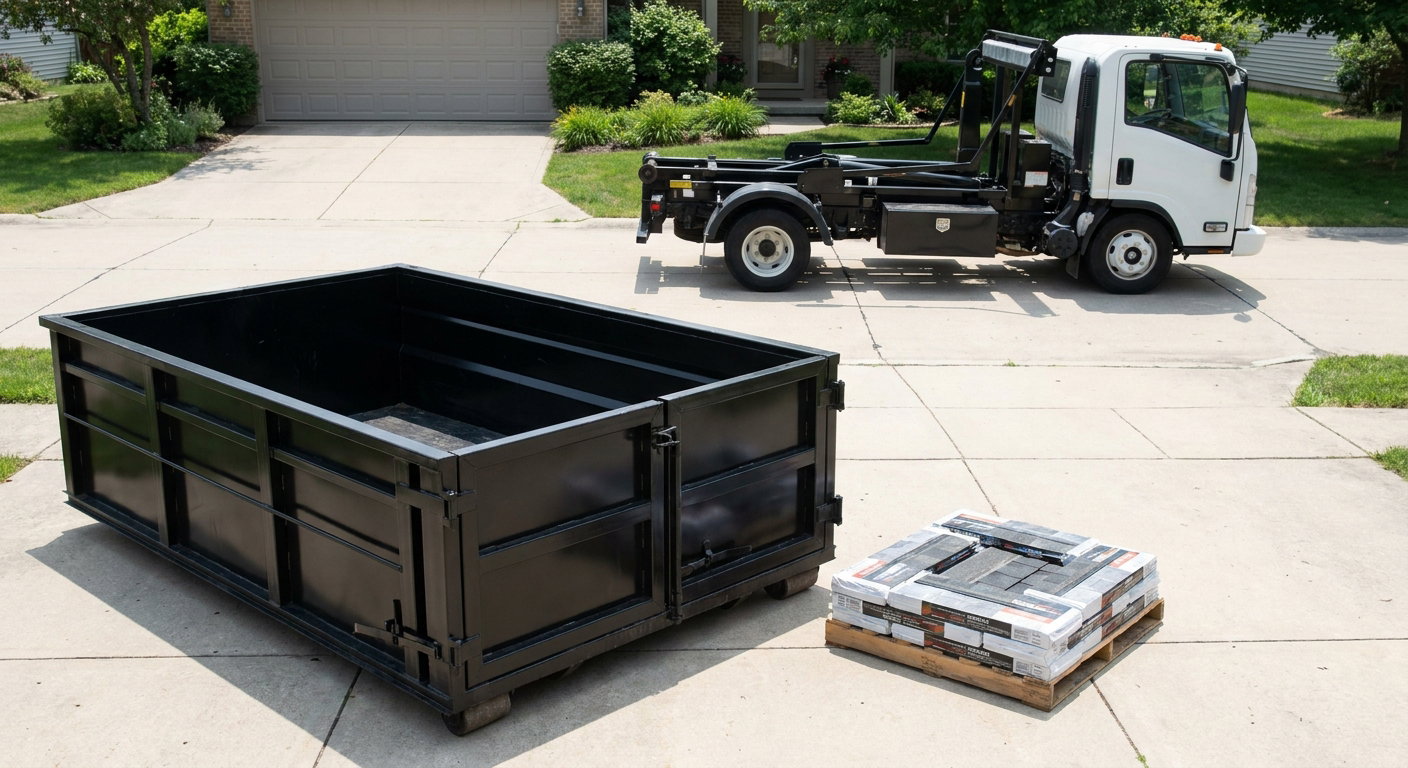 Matte-black 15-yard roofing roll-off dumpster with reinforced low side walls sitting directly on a Auburn residential concrete driveway, three-tab asphalt shingle bundles stacked nearby, an unmarked white hauler truck partially visible at the edge of the frame.