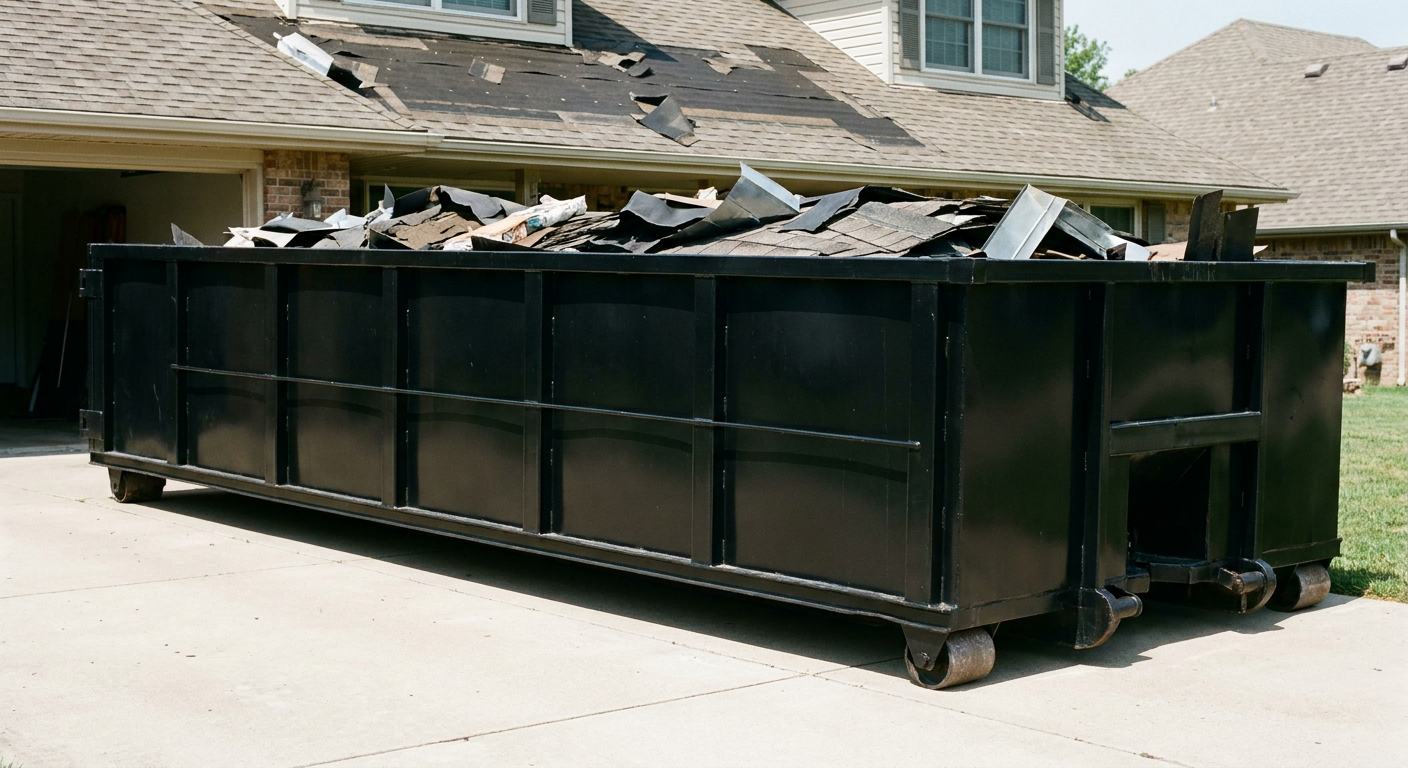 Matte-black 20-yard roofing roll-off dumpster with steel ribbed sides and swinging rear door, sitting directly on the concrete driveway of a two-story Auburn home, asphalt shingle debris being loaded over the low wall, clean documentary lighting.
