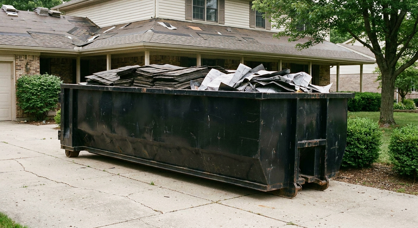 Matte-black 30-yard roofing roll-off dumpster sitting directly on a Auburn concrete driveway, taller ribbed steel side panels, mixed tear-off debris of asphalt shingles and underlayment inside, professional documentary daylight.