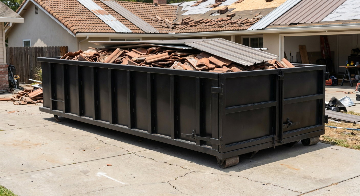 Matte-black low-wall heavy-debris roofing roll-off dumpster sitting directly on a Auburn concrete driveway, broken concrete clay roof tiles and metal panel sections loaded inside, reinforced ribbed steel side walls visible, bright outdoor daylight.