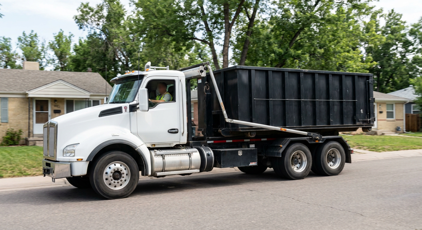 A wide documentary shot of a matte-black roll-off delivery truck pulling onto a quiet Auburn residential street at mid-morning, with neighborhood rooftops and tree-lined blocks visible behind, showing the metro coverage footprint.