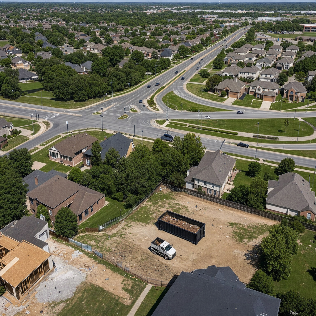 An overhead documentary view of the Auburn metro area at midday, showing the spread of neighborhoods, arterial roads, and the dispatch radius from a central yard — clean daylight, organized geographic layout.