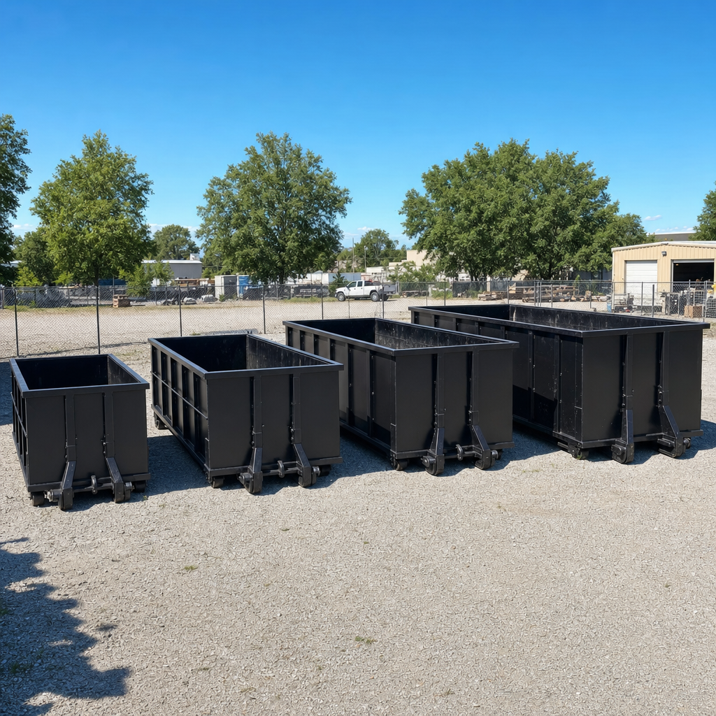 A clean lineup of matte-black roll-off dumpsters in 10, 20, 30, and 40-yard sizes staged on a sunlit gravel yard in Auburn, showing the size progression from compact to commercial-scale containers.