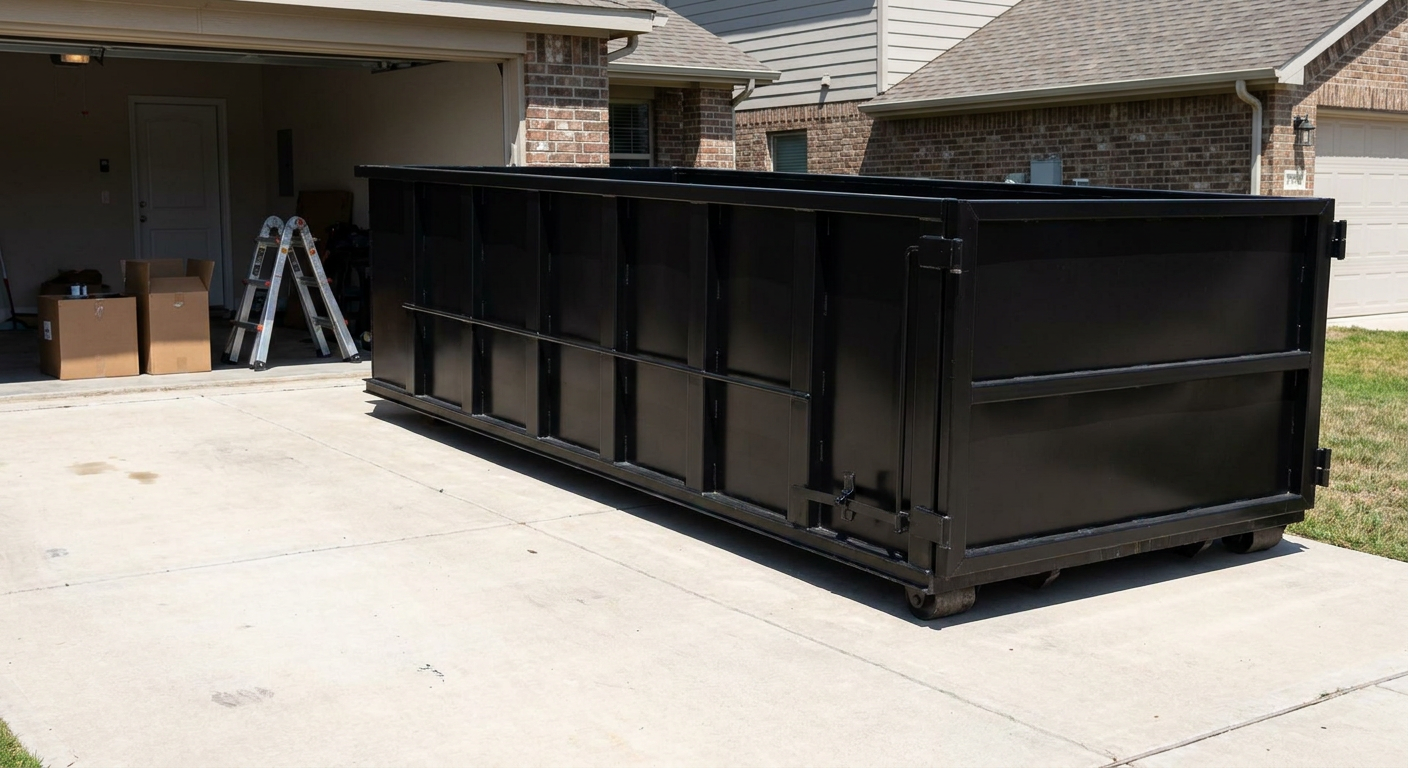 A matte-black 10-yard roll-off dumpster sitting directly on a residential Auburn concrete driveway, mid-day sunlight, clean and ready for a garage cleanout.