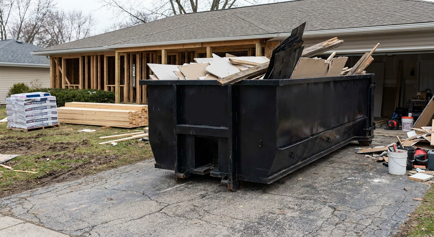A matte-black 20-yard roll-off dumpster placed alongside a mid-renovation Auburn home directly on the asphalt driveway, with framing materials and torn-off shingles staged neatly nearby.