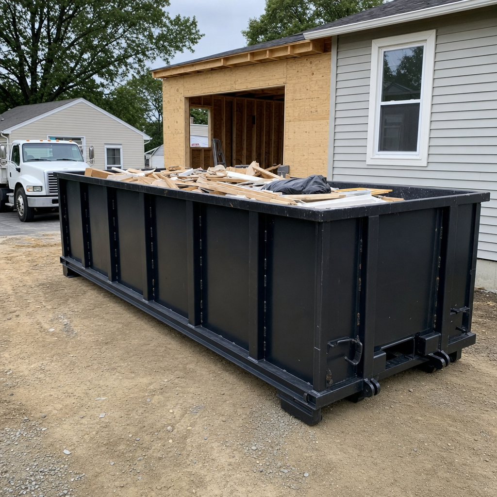 A matte-black 30-yard roll-off dumpster positioned at a Auburn residential addition jobsite, with framing lumber and drywall scraps loaded through the open swinging rear doors.