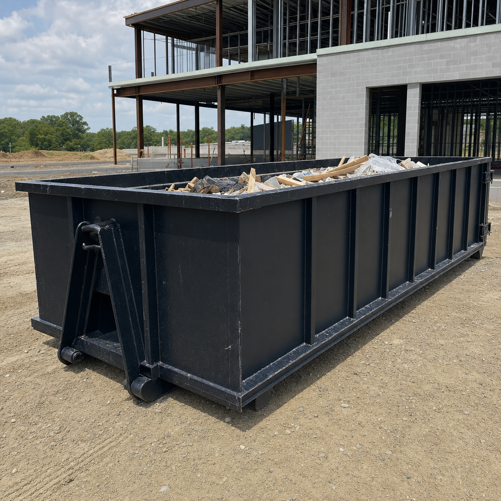 A matte-black 40-yard roll-off dumpster staged on a large Auburn commercial construction lot, with a hooklift delivery truck parked alongside under bright midday sky.