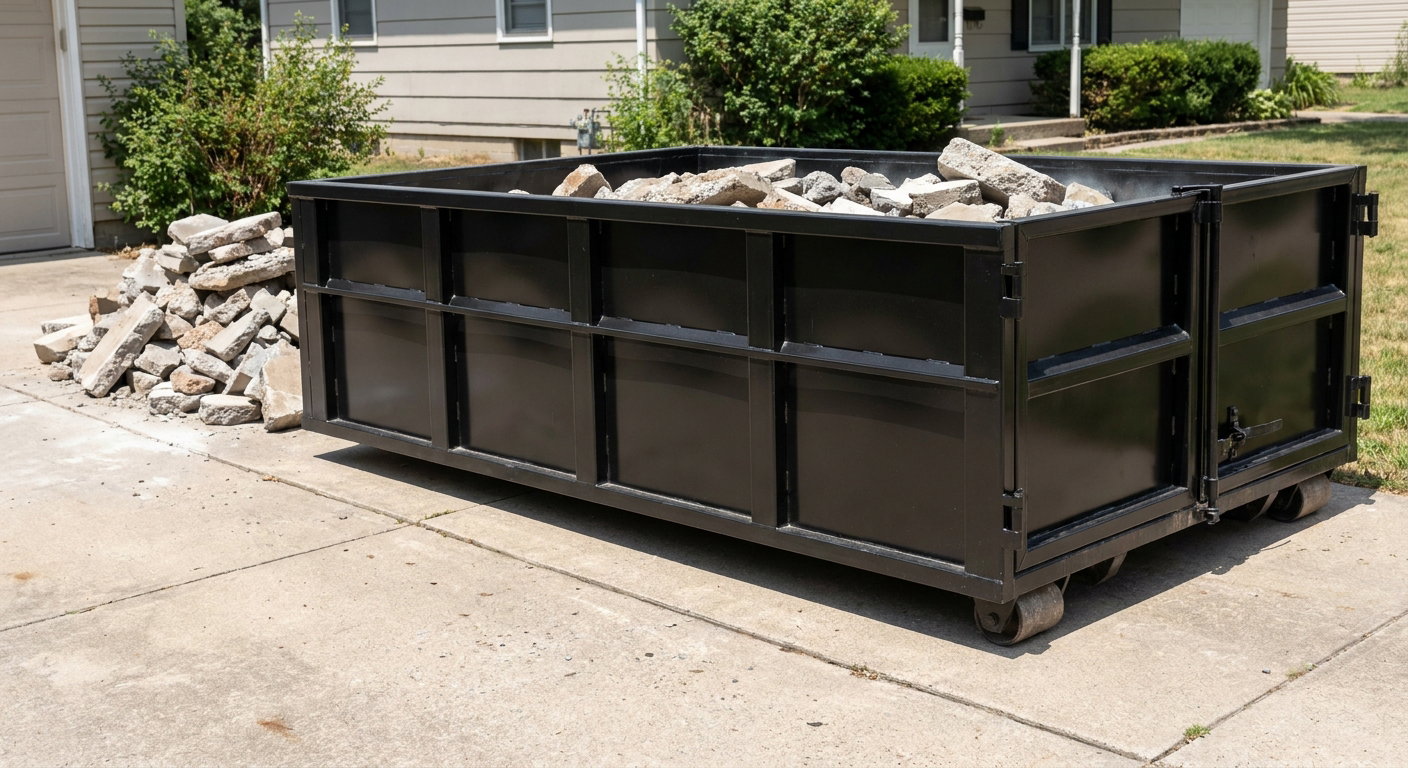 A matte-black low-side heavy-debris roll-off dumpster placed directly on a Auburn concrete driveway, with broken concrete chunks neatly stacked beside it under clean daylight.